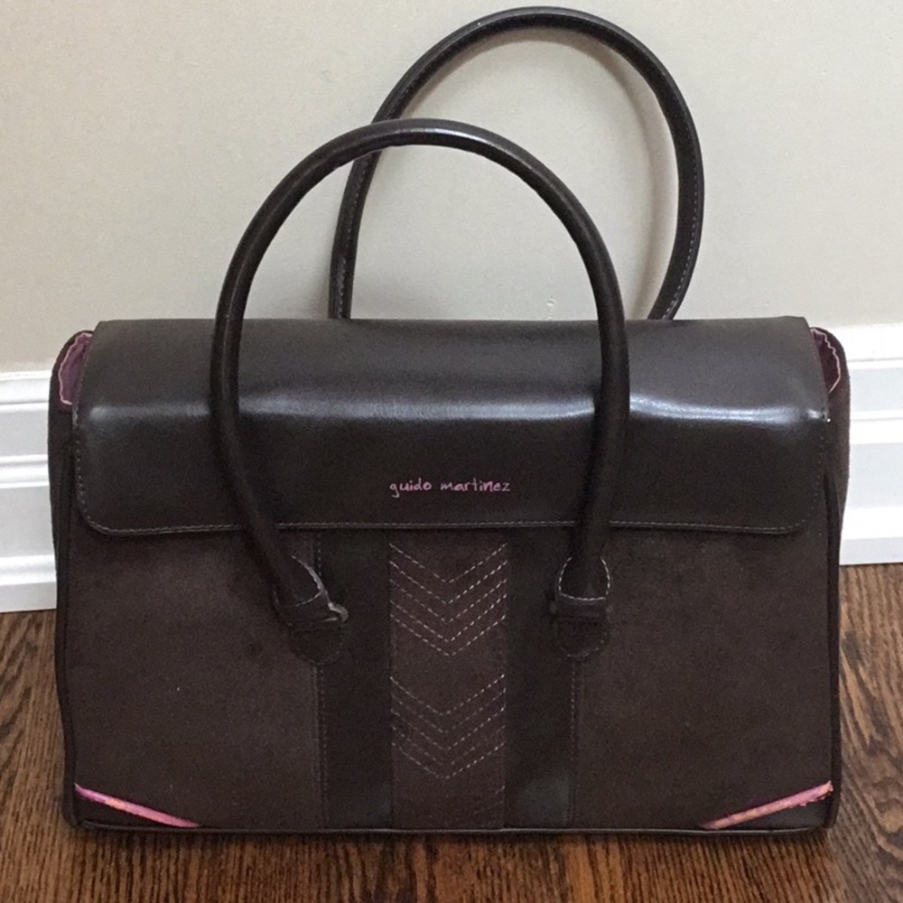 Brown Hand Bag with Handles and Pink Trim